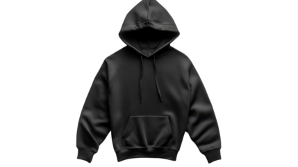 Stylish black hoodie with a front pocket and adjustable drawstring displayed against a plain background