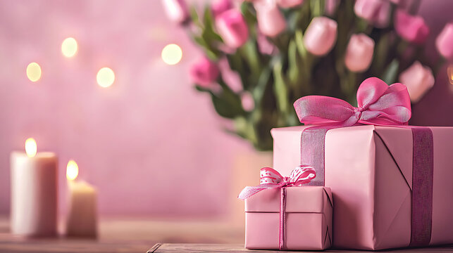 Pink gift boxes, tulips, and candles on a table