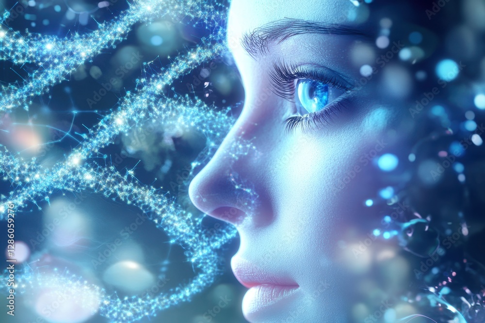 Poster exploring the connection between human emotion and the intricate patterns of dna at a futuristic lab