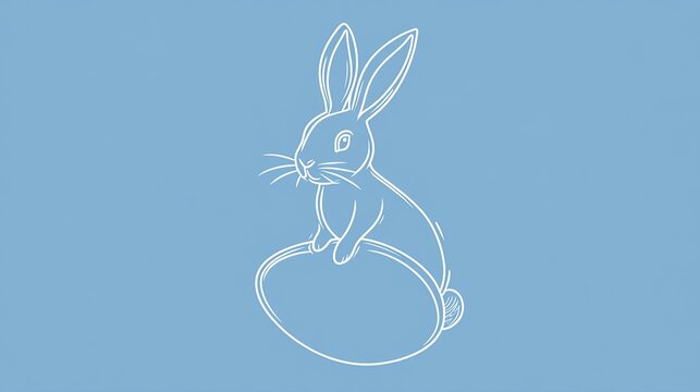 Simple white line drawing, Easter bunny sitting on an egg against a blue background, using vector illustration style, simple design, clear lines, minimalist style.