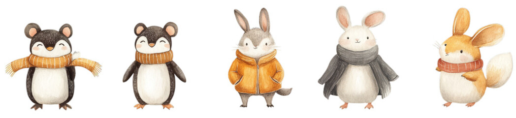 Obraz premium Cute cartoon animals in cozy winter scarves and jackets