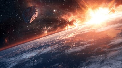 Celestial Cataclysm: A dramatic view of Earth from space, with a meteor hurtling towards the planet, and an explosion illuminating the atmosphere.