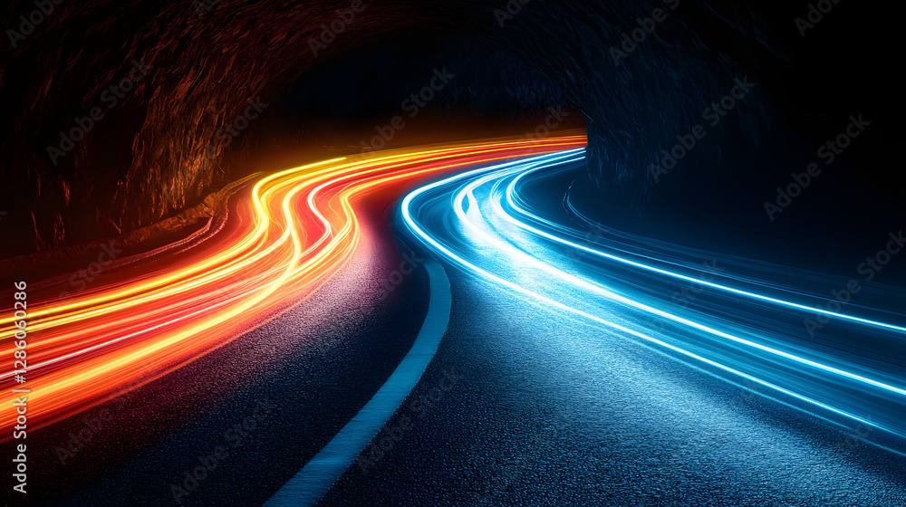 Poster dynamic highway tunnel: a vibrant display of light trails streams through a dark tunnel, illuminatin