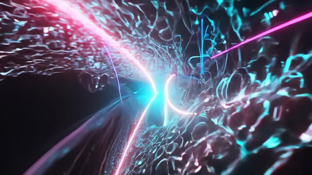 A high-tech 3D-rendered visualization of a bloodstream with glowing plasma, cells, and light streaks, representing futuristic medicine and biotechnology.  
