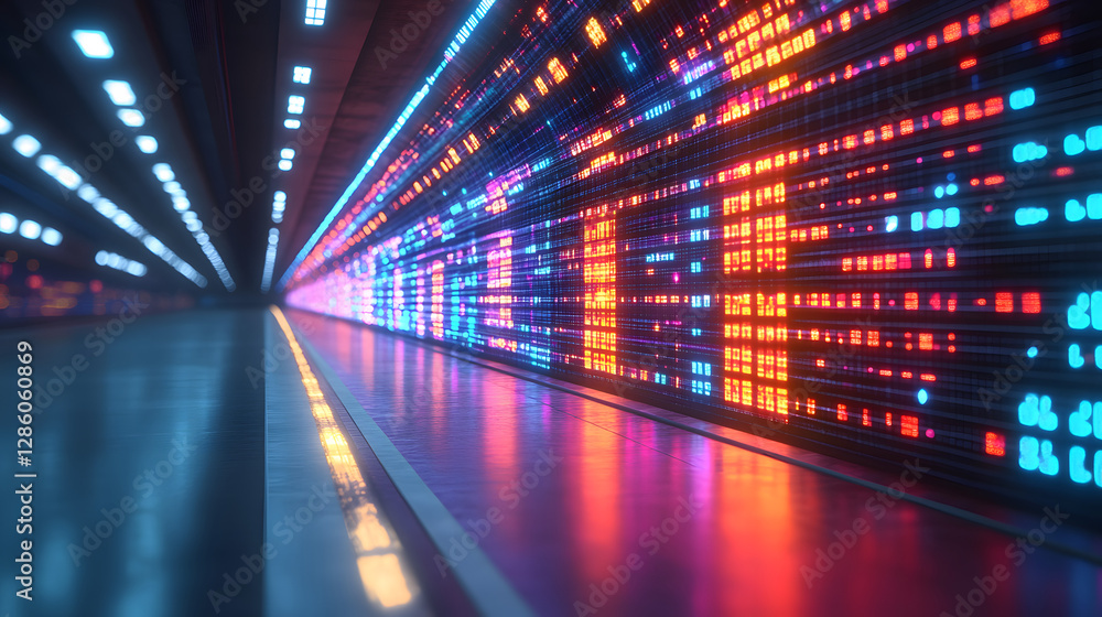Poster digital data tunnel: a vibrant, immersive perspective of a futuristic tunnel illuminated by streams 