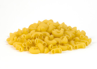 Curved pasta shapes are stacked in a neat pile on a white surface