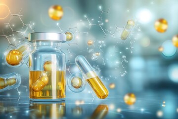 Innovative laboratory setting with capsules and a vial radiating light and molecular energy. Generative AI