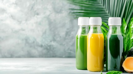Obraz premium healthy eating superfoods weight management Fresh juices in clear bottles with greenery bac...