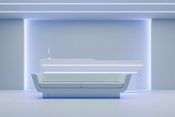 White Blue lobby light futuristic reception desk LED rounded edges sits in the center of an empty room neon.