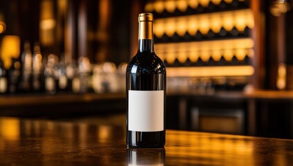 Elegant Wine Display: A sophisticated bottle of rich red wine, the label blank, takes center stage, set against the backdrop of a blurred, inviting bar.
