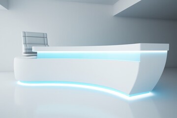 White Blue light futuristic reception desk LED rounded edges sits in the center of an empty room neon indoor.