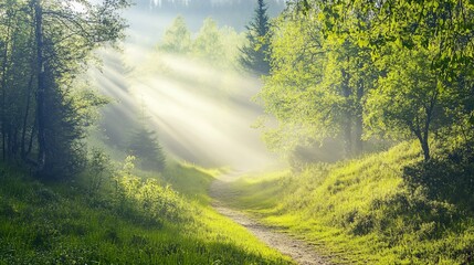 Obraz premium Sunbeams illuminate a misty forest path. (1)