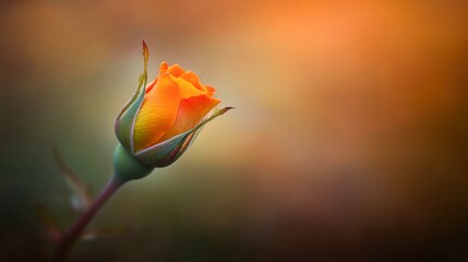 A close-up of a vibrant rosebud with warm orange hues against a softly blurred background, This image can be used in greetings, floral designs, or as a background for romantic themes,