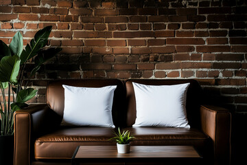 Mockup of two white pillows arranged on a leather sofa in a loft-style apartment with brick walls.