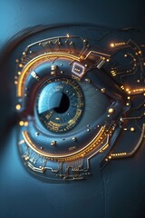A detailed view of a human eye featuring intricate designs and glowing electronic circuits, showcasing a blend of biology and technology in a dark setting