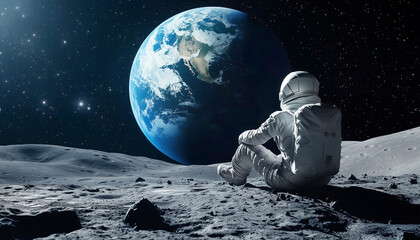The Surreal of a traveler sitting on the moon, looking down at Earth.  Generative AI.
