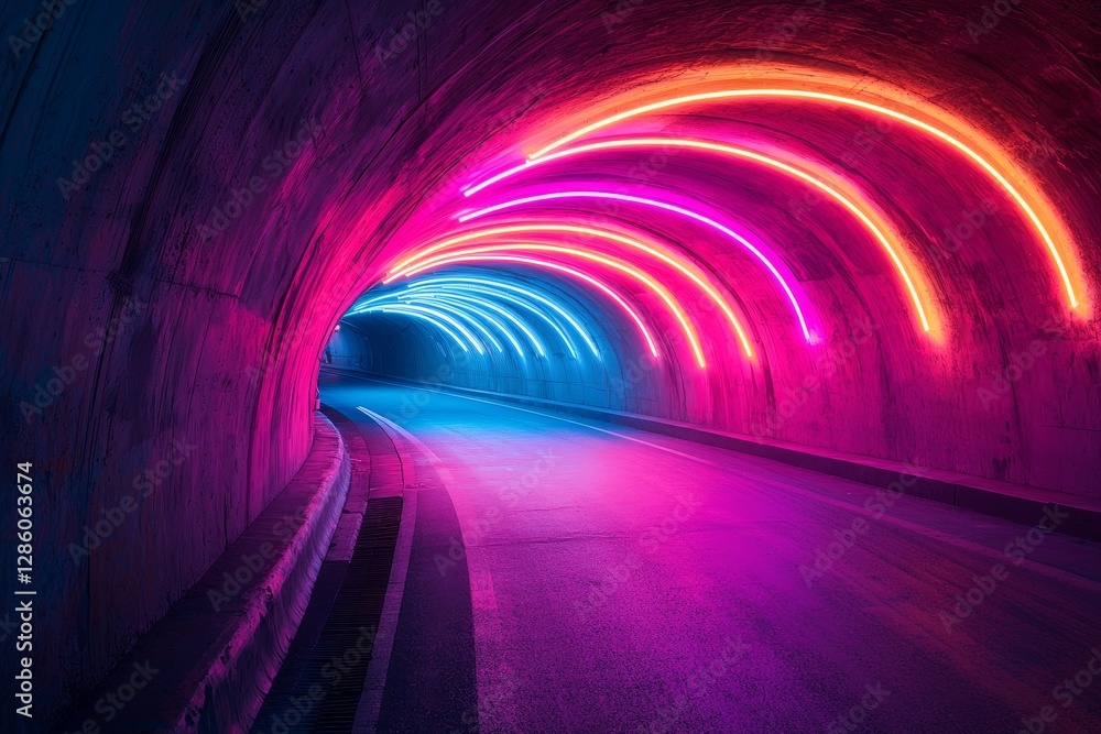 Poster colorful, abstract light trails in a dark tunnel form an artistic image that can serve as a backgrou