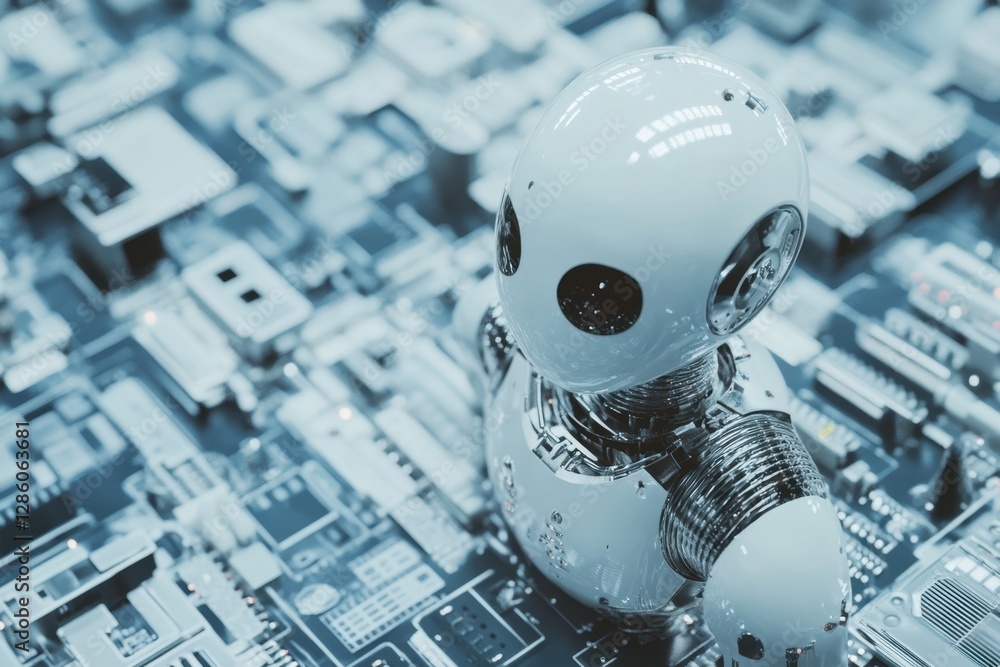 Poster exploring the futuristic landscape of a tiny robot navigating a circuit board in a high-tech environ