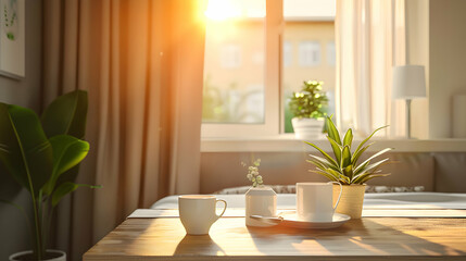 Cozy morning scene with sunlight streaming through a window, showcasing plants and cups on a table