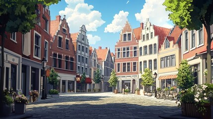 Fototapeta premium background layer of Belgian town square with quaint buildings and clear blue sky