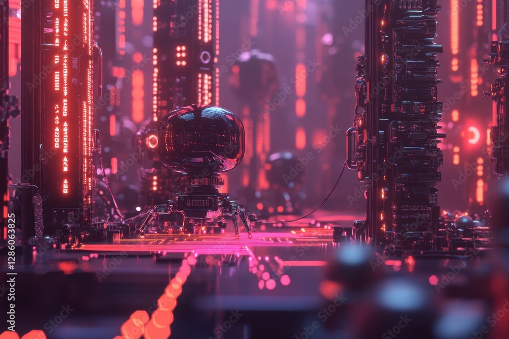 Poster futuristic cityscape with neon lights and advanced robotic technology in the heart of a digital metr