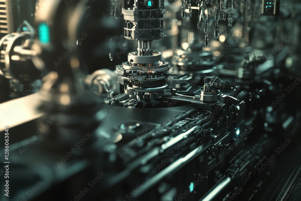 Poster intricate machinery at work in a futuristic setting showcasing advanced technology and precision eng