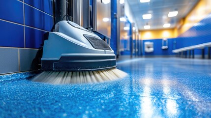 Heavy-duty floor scrubbing machine removing grime from a public restroom floor