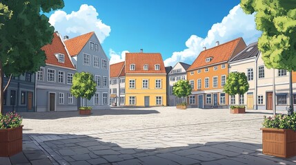 background layer of town square in Denmark with colorful buildings