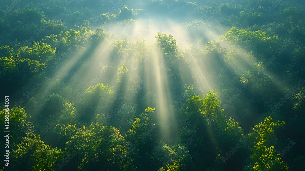 Poster golden canopy: aerial view of a dense forest with sunlight streaming through the trees, creating a b