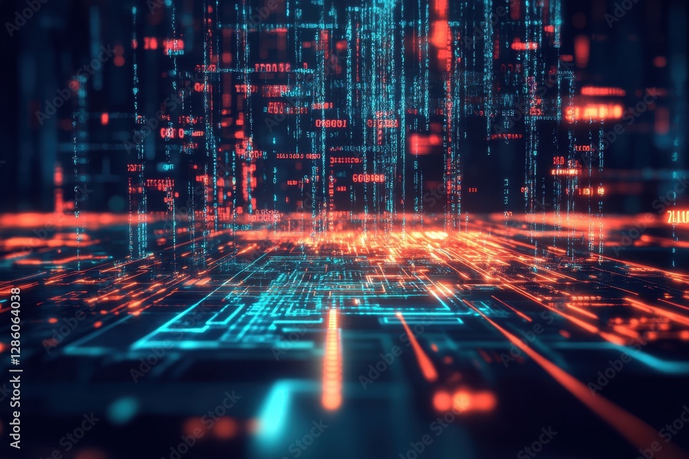 Poster futuristic digital landscape showcasing vibrant abstract patterns and glowing data streams against a