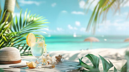 Refreshing tropical drink with lemon on a beachside table surrounded by vibrant foliage