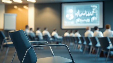 A large group of people in white coats are sitting in a room with a projector screen in the background. Medical conference concept