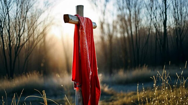 The cross of Jesus Christ in the nature with a red robe hanging 4K