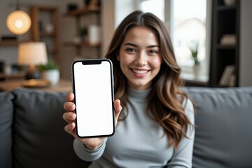 Smiling Woman Holding Smartphone with Blank Screen Cozy Home Interior