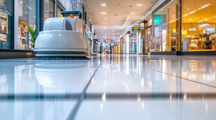Heavy-duty scrubbing machine polishing a glossy white shopping center floor