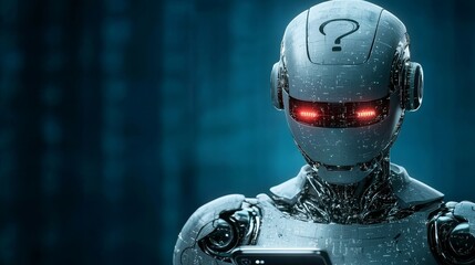 Access to online information and data through stock platforms is facilitated by smartphones. A cyborg-woman or bot AI appears from the phone’s screen, ready to engage with the digital mind