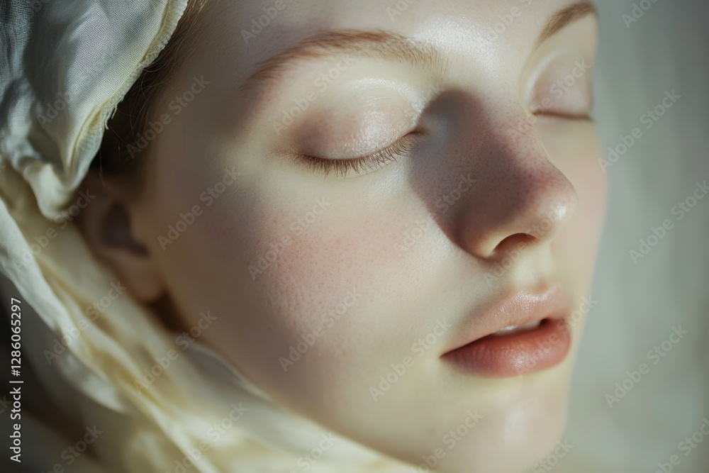 Poster serene beauty captured in soft light, highlighting delicate features and tranquility in an intimate 