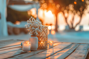 Romantic sunset table setting with candles and flowers at a tranquil beachside location