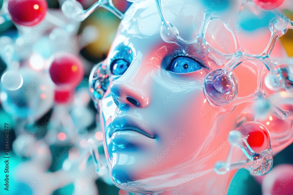 Poster futuristic humanoid with glowing features and molecular structures presenting a blend of technology 
