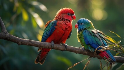 Fototapeta premium Colorful parrots lovebirds on a tree