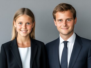 Professional young woman and man in corporate attire smiling confidently against clean gray backdrop symbolizing career ambition success leadership and business professionalism