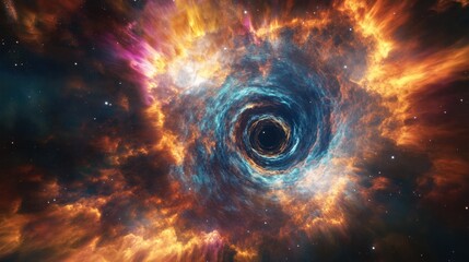 A wormhole inside a nebula pulses with cosmic energy, forming luminous interstellar tunnels