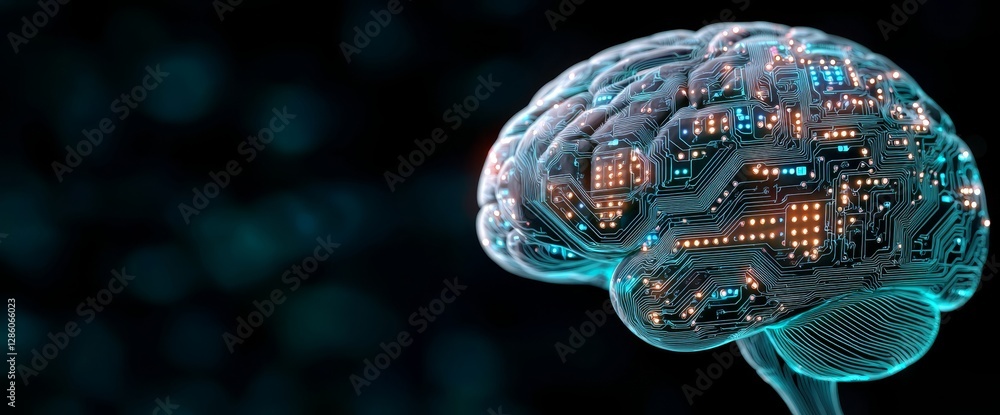 Poster the image of a human brain against a technological background encapsulates the concept of stock mark
