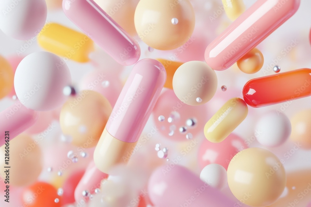 Poster colorful assortment of pills and capsules floating in a dreamy background filled with light and bubb