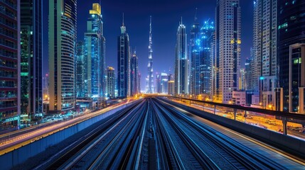 Fototapeta premium Cityscape, Skyscrapers, and Metro Tracks