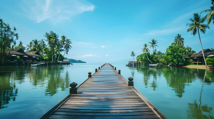 Obraz premium Serene wooden pier extending into calm turquoise waters surrounded by lush palm trees