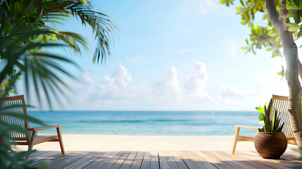 Serene beach view with wooden deck, tropical plants, and ocean waves under a clear sky
