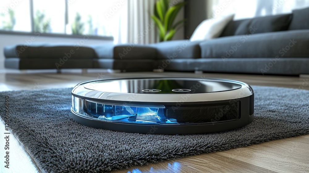 Poster high-tech robot vacuum with a transparent dust bin showing collected debris