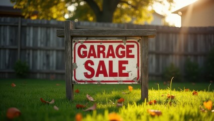 Garage sale signs, A weathered garage sale sign leans against a fence in soft morning sunlight front view photorealistic 8K UHD.