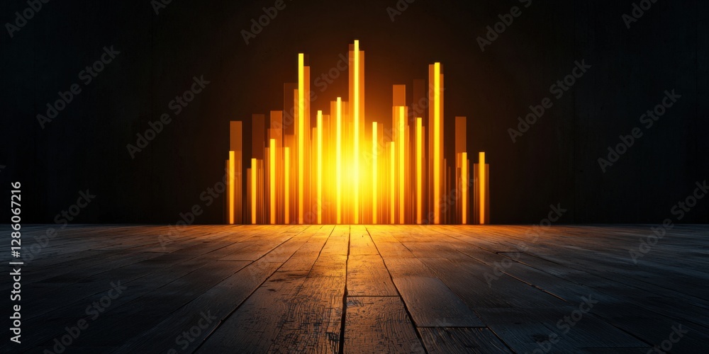 Poster an abstract visualization of sound waves represented by glowing orange bars against a dark backgroun